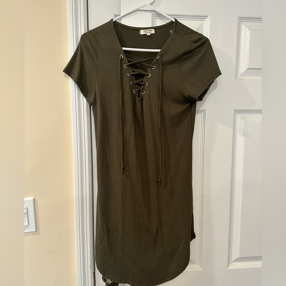 Heart & Hips Green Lace Up T-Shirt Dress